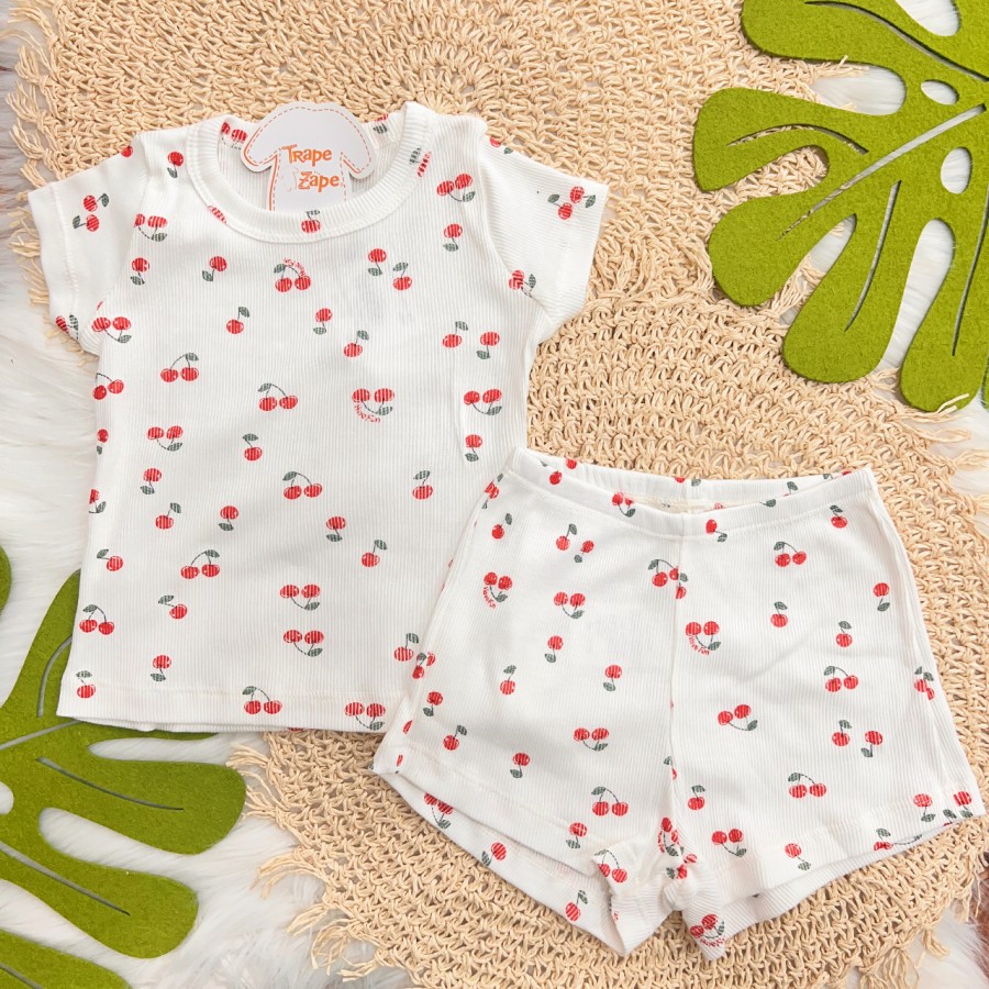  Pijama Blusa e Short Ribana com Cerejas - Off White